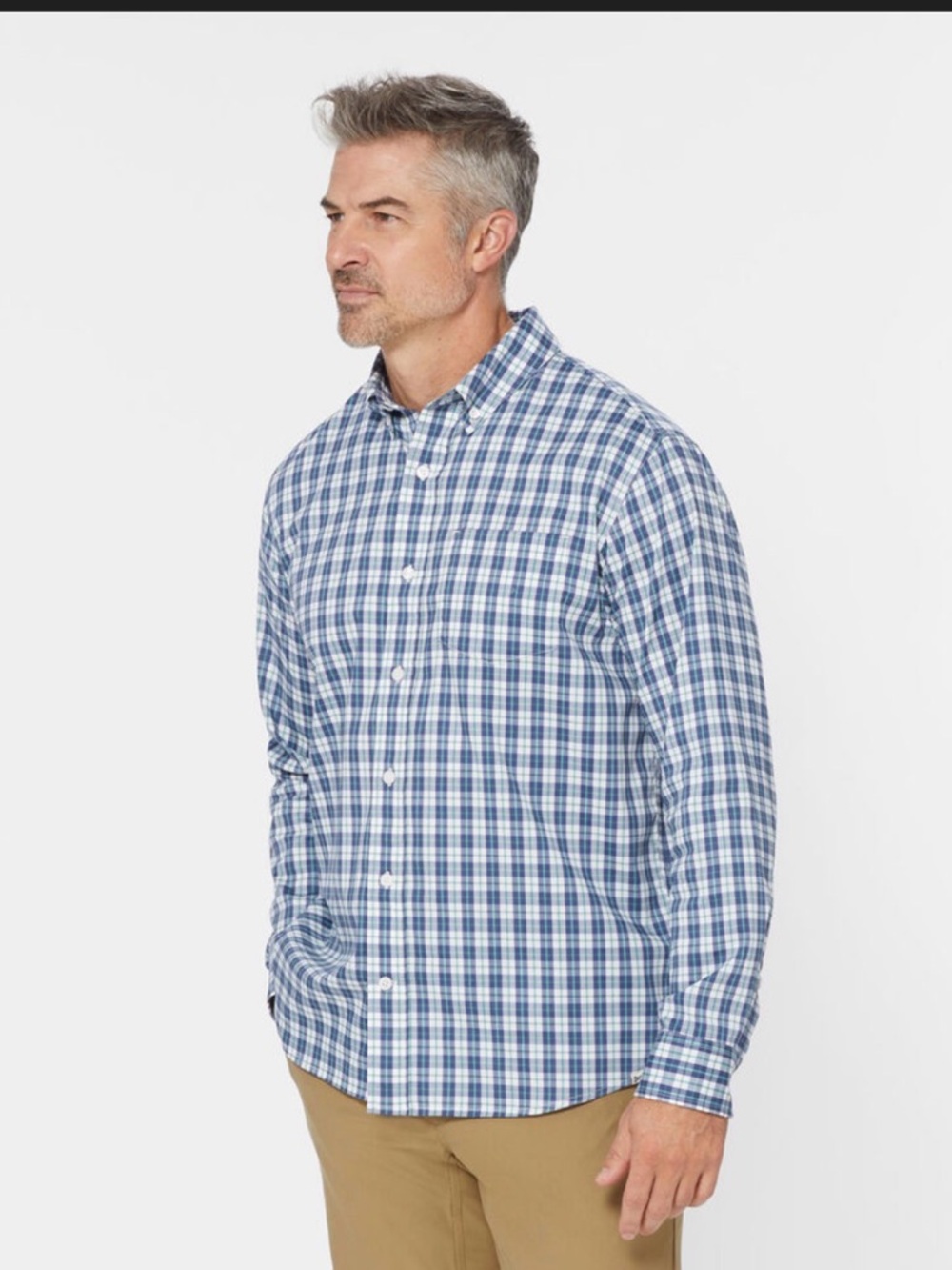 Duluth Trading Co L-Tall Relaxed Fit Blue and White Gingham Button-Down Shirt